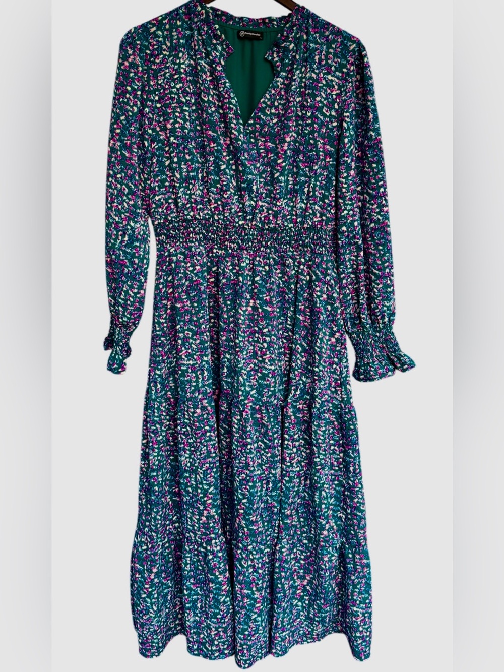 Pretty Garden Women's Floral Maxi Dress Long Sleeve V Neck Casual Pockets EUC